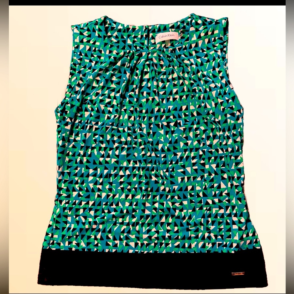 Calvin Klein Top Green/Teal/Black Bordered Pleated Neck Sleeveless EUC Size Sm - Picture 5 of 13